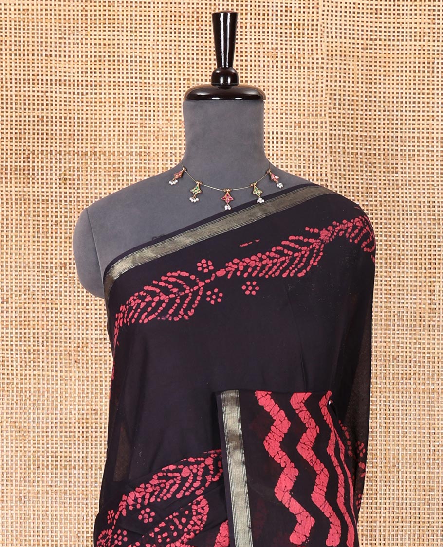 Ink blue wax batik-style zig-zag printed pure cotton saree, gold zari piping border, human figurines batik printed pallu, and a matching blouse - Image 3