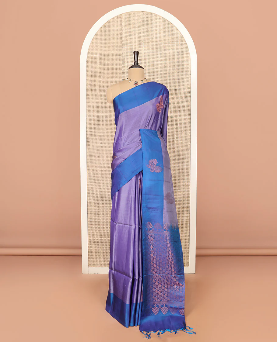 Lavender Semi Uppada Saree Mesmerized with Butterfly Zari Buttas, Complemented by a Contrast Butterfly Motifs Woven Border, Elegantly Framed Pallu of Jaal Designs, and Paired with a Contrast Blouse - Image 3