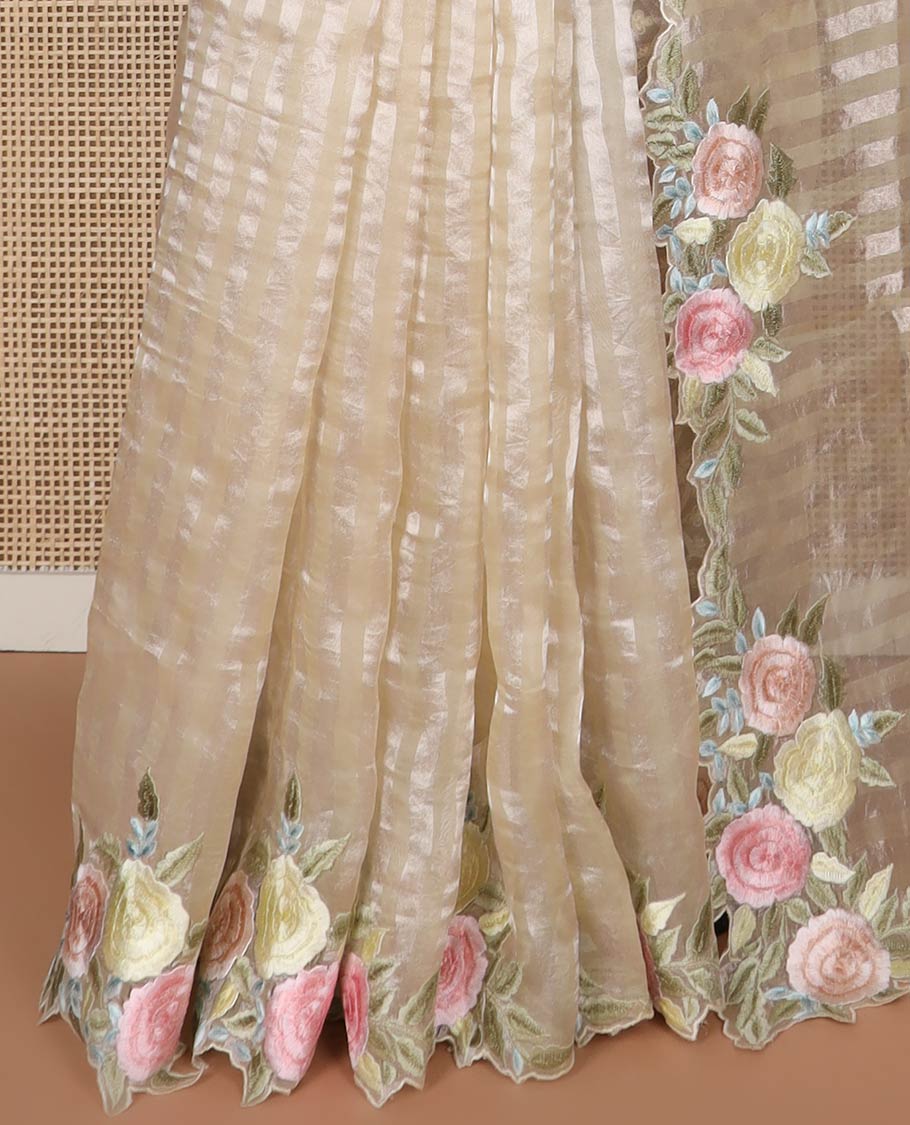 Light brown striped organza saree with self floral embroidery, scallop border - Image 4
