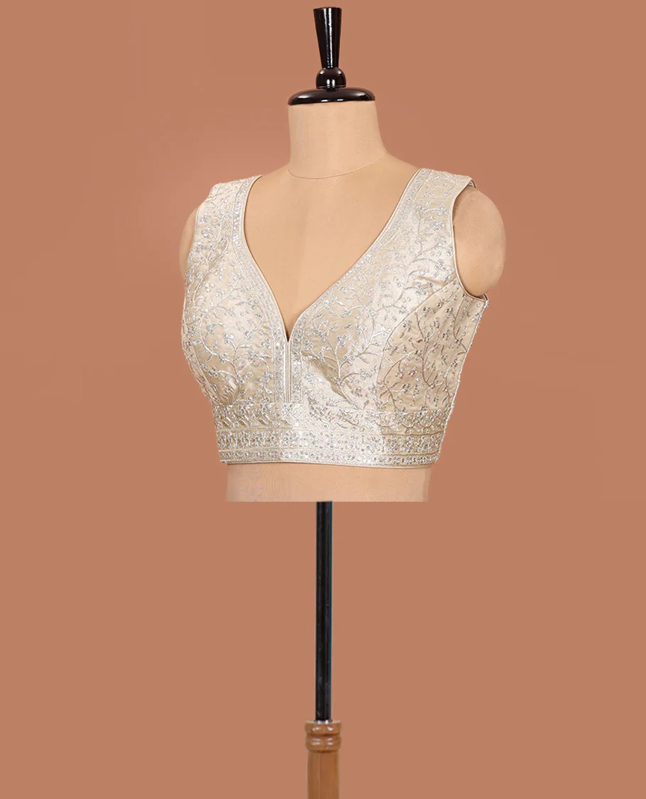 Light gold floral embroidered front sweet heart-neck sleeveless readymade blouse