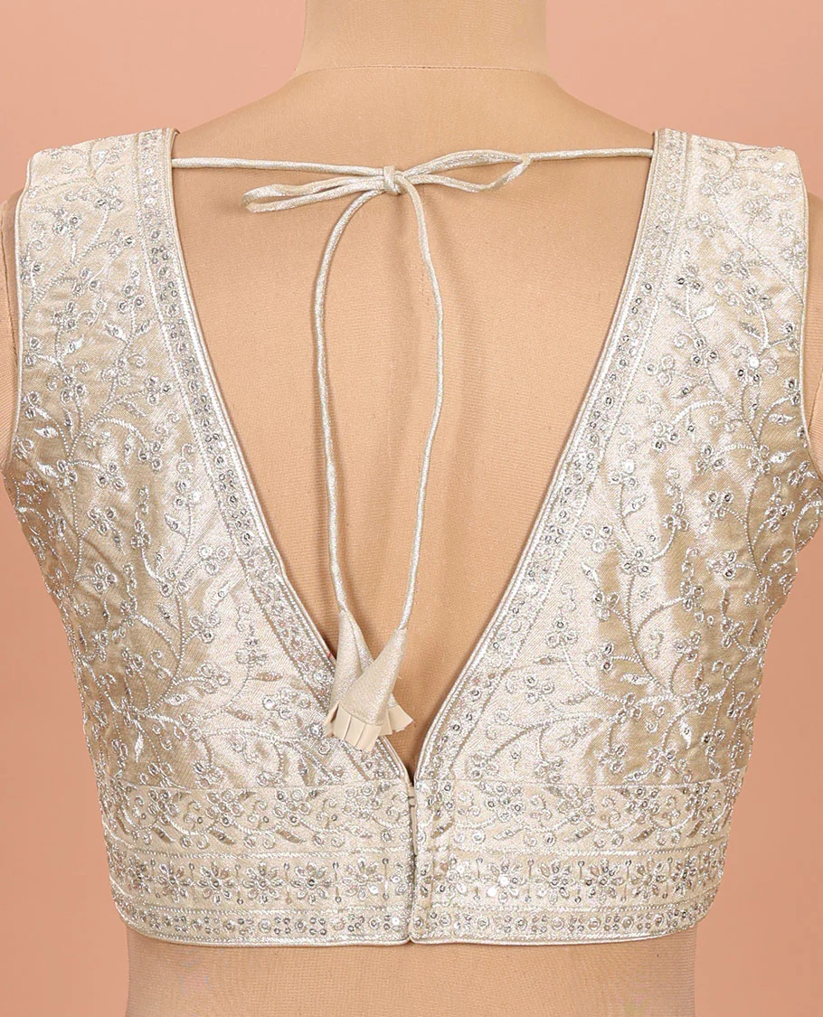 Light gold floral embroidered front sweet heart-neck sleeveless readymade blouse - Image 4