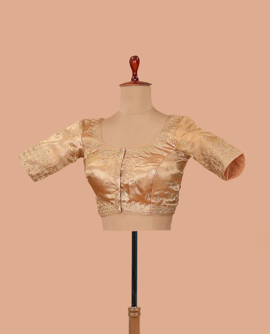 Light gold thread embroidered front-back round neck elbow sleeve blouse