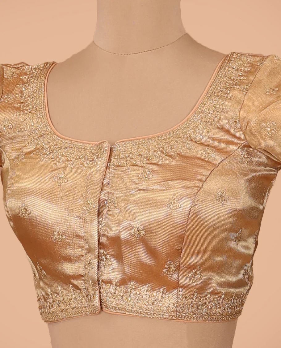 Light gold thread embroidered front-back round neck elbow sleeve blouse - Image 2