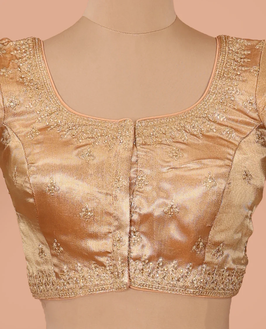Light gold thread embroidered front-back round neck elbow sleeve blouse - Image 3