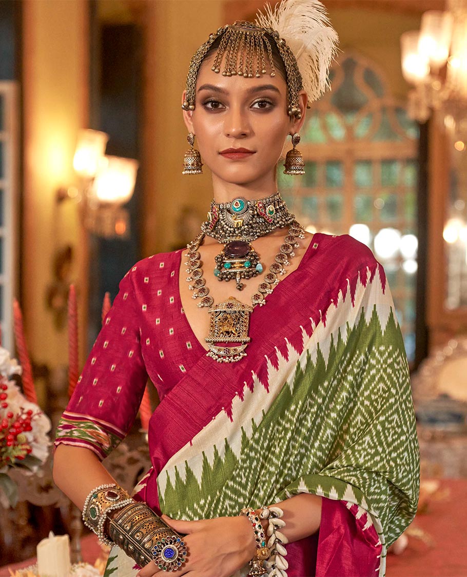 Light green  jaal patterned patola designer catalog saree, contrast temple border, and patola design pallu - Image 2