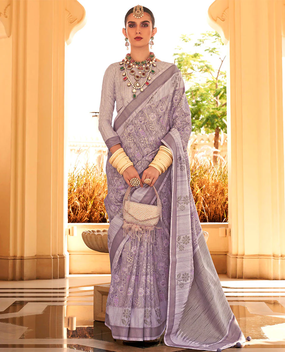 Light lavender floral motifs printed designer catalog saree, contrast floral motifs border, and pallu of temple plain pallu
