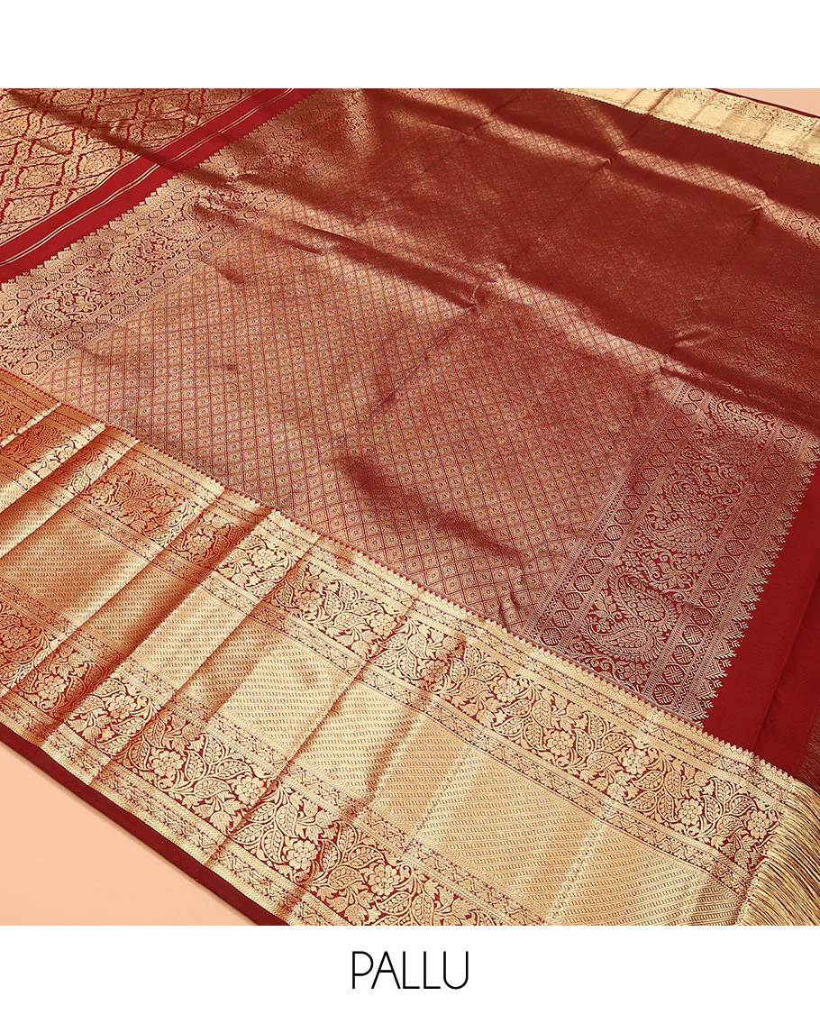 Light maroon jacquard kanchipuram silk saree, zari border of thilakam, muthu, and kodi visiry designs, and jaal pallu - Image 5