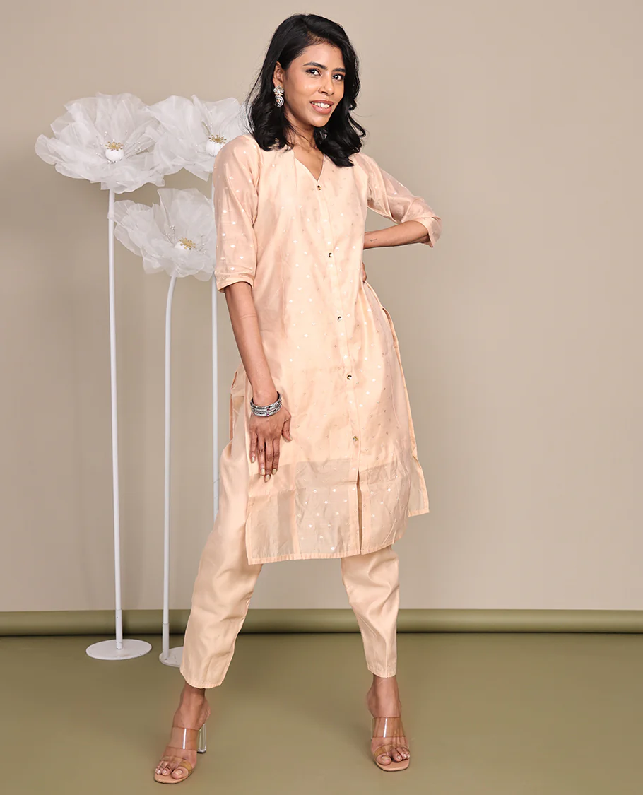 Light Peach Tissue Ready-Made Suit, Featuring Buttas Foil Print, a V-Neckline, 3/4 Sleeves, and a Straight-Cut Top, Paired with Plain Straight-Cut Pants - Image 4