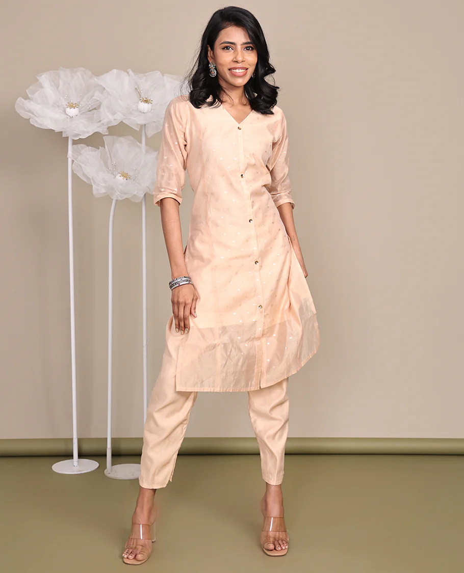 Light Peach Tissue Ready-Made Suit, Featuring Buttas Foil Print, a V-Neckline, 3/4 Sleeves, and a Straight-Cut Top, Paired with Plain Straight-Cut Pants - Image 5