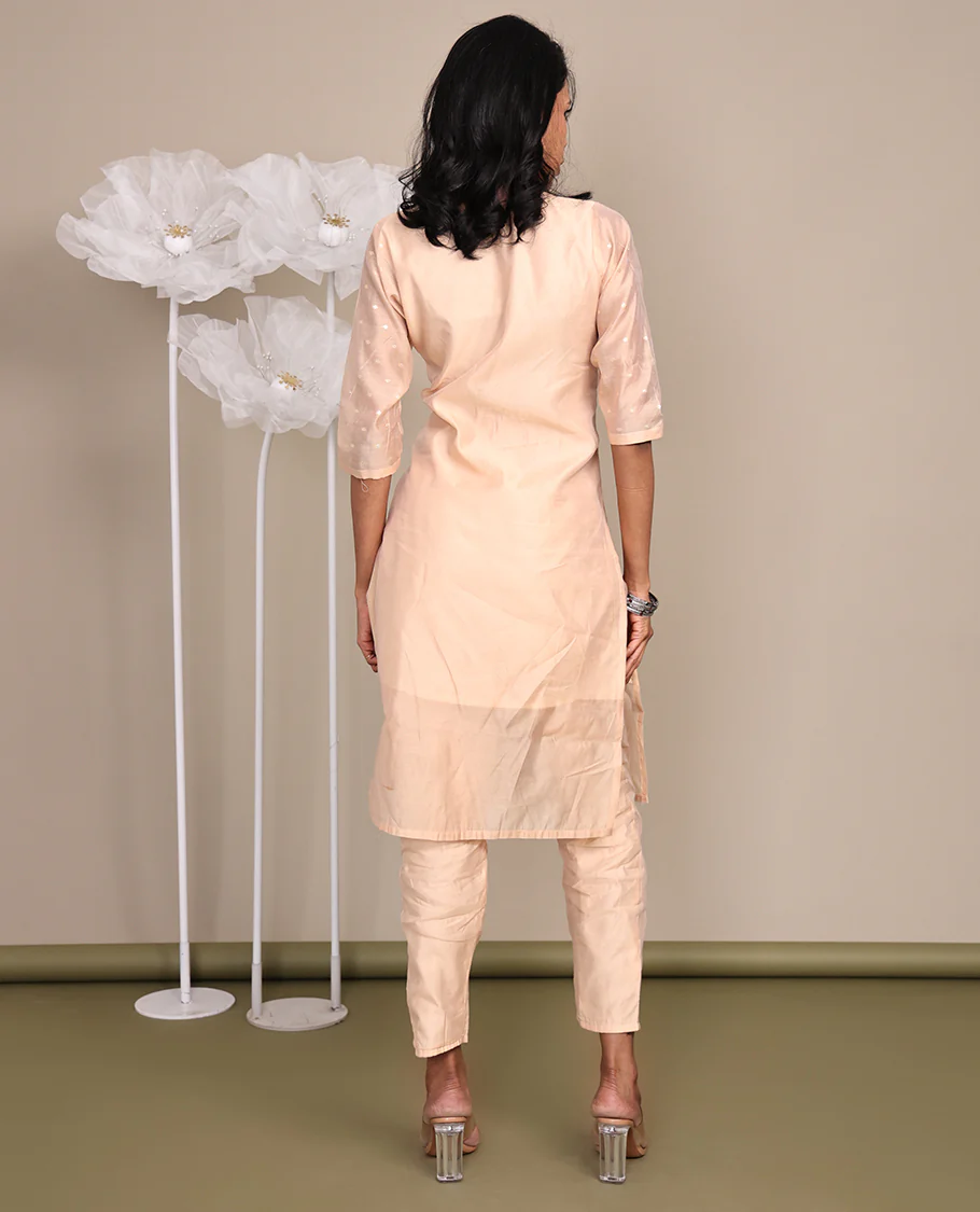 Light Peach Tissue Ready-Made Suit, Featuring Buttas Foil Print, a V-Neckline, 3/4 Sleeves, and a Straight-Cut Top, Paired with Plain Straight-Cut Pants - Image 6