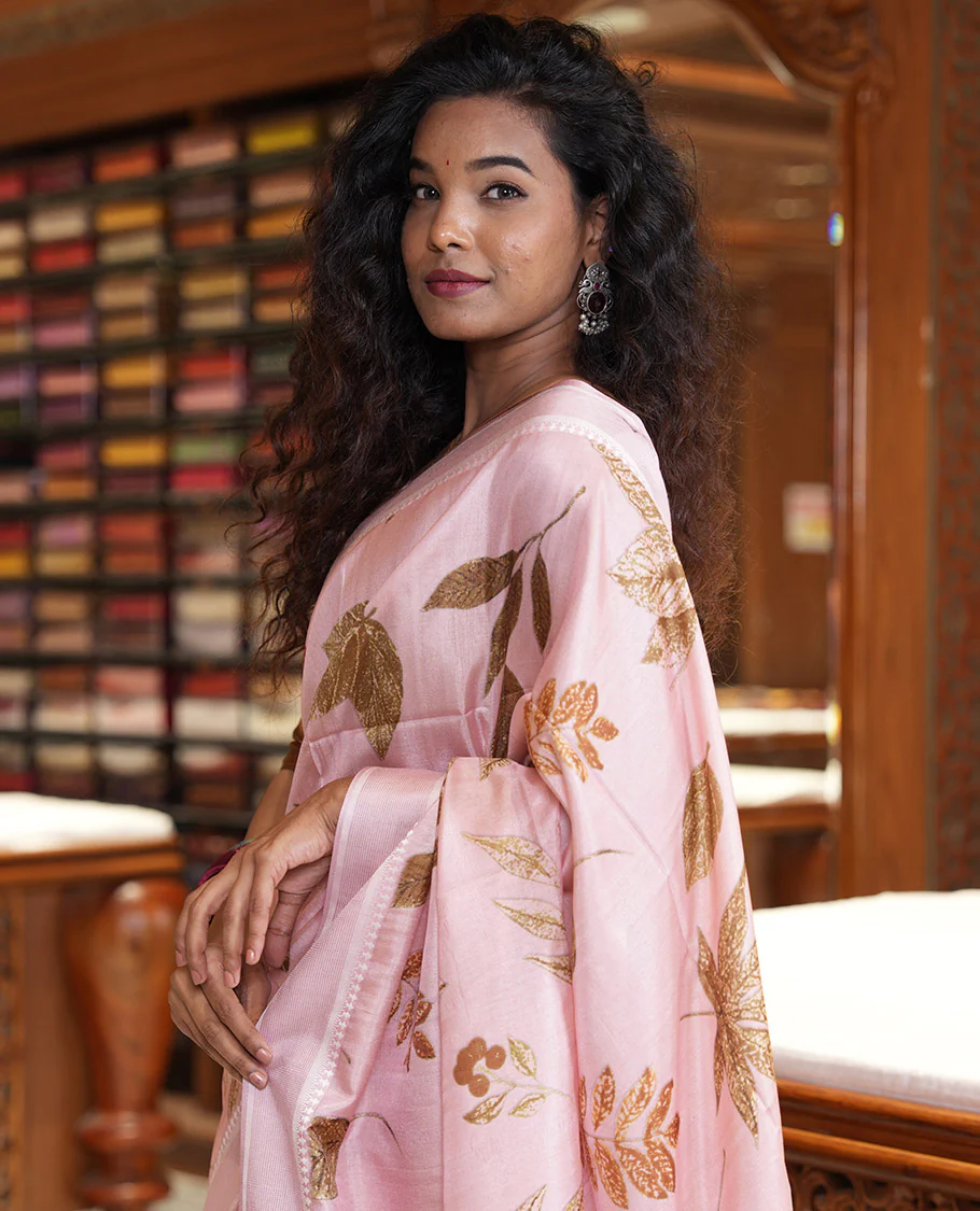 Light pink unique size and shaped leaf motifs printed fancy tussar saree, resham thread woven border, leaf motifs printed pallu, and a matching striped blouse - Image 2