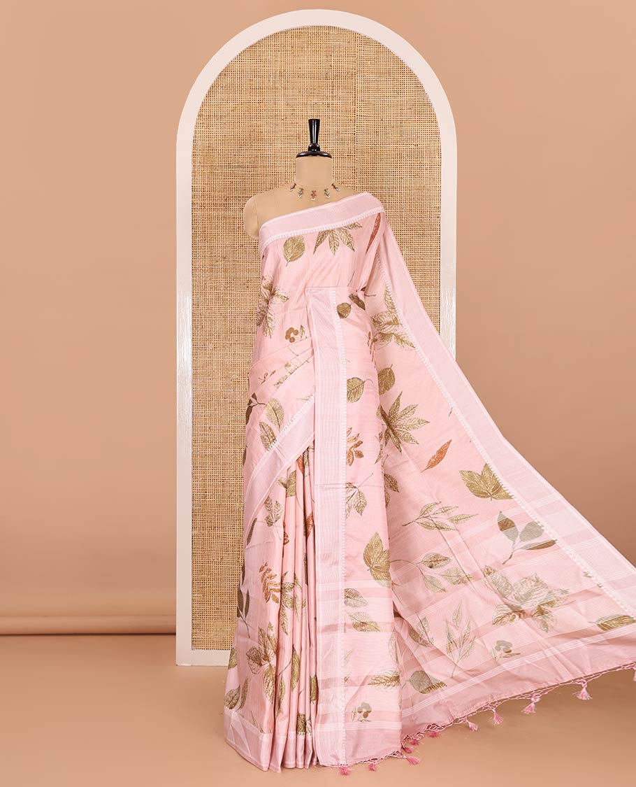 Light pink unique size and shaped leaf motifs printed fancy tussar saree, resham thread woven border, leaf motifs printed pallu, and a matching striped blouse - Image 3