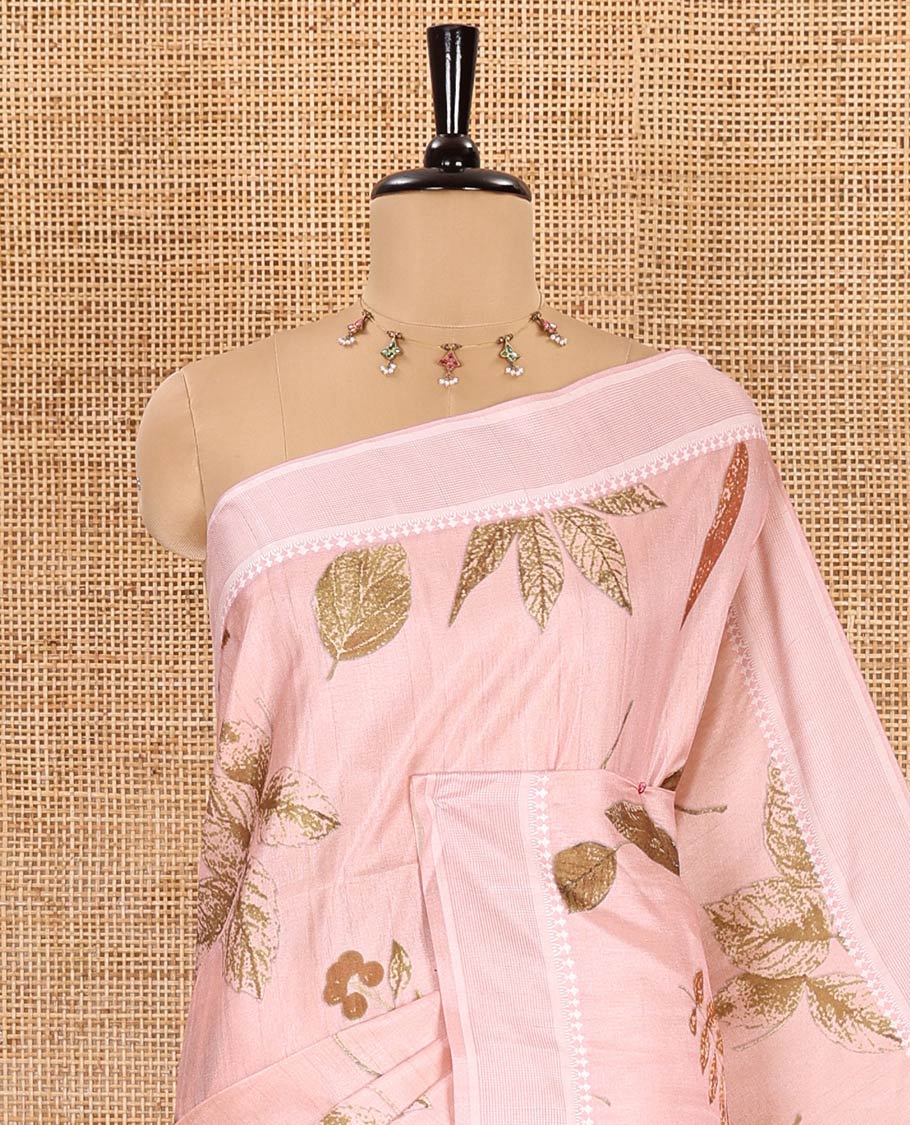 Light pink unique size and shaped leaf motifs printed fancy tussar saree, resham thread woven border, leaf motifs printed pallu, and a matching striped blouse - Image 4