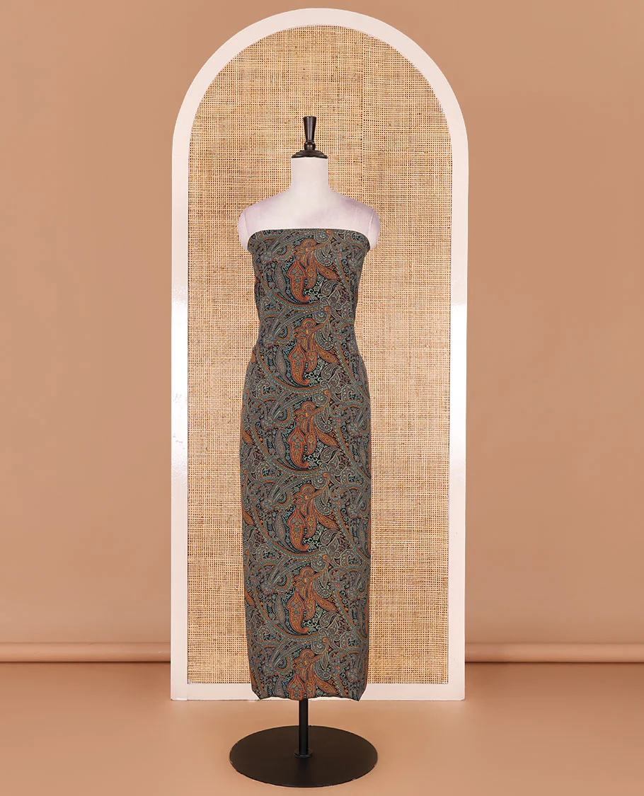 Light rama Italian crepe material chudidar set, paisley printed top, plain bottom, and floral-paisley printed georgrette dupatta - Image 4