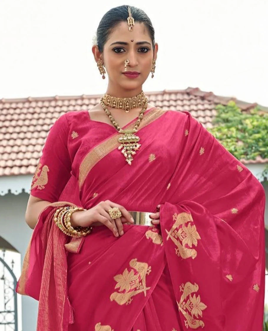 Light Red Designer Saree, Artfully Detailed with Zari Buttas, Featuring a Self-Border Depicting Parrot Motifs, Subtly Woven Pallu of Spare Stripes, and Paired with a Matching Blouse of Parrot Motifs - Image 2