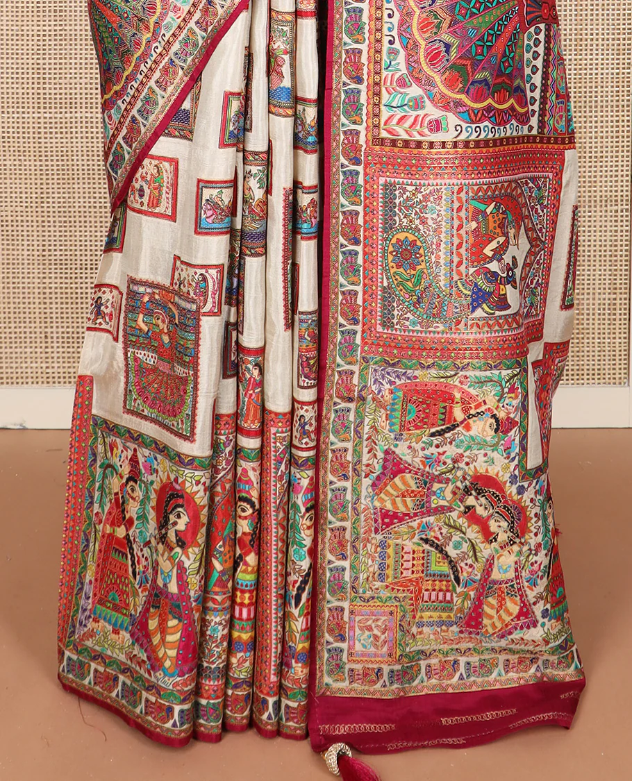Light sandal-base kaleidoscopic colored ancient Madhubani stories printed dola silk saree - Image 4