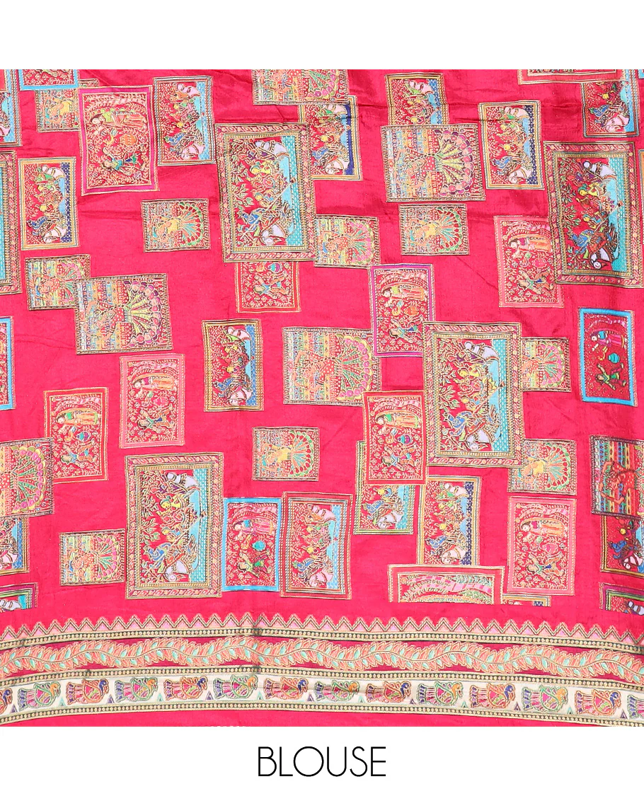 Light sandal-base kaleidoscopic colored ancient Madhubani stories printed dola silk saree - Image 5