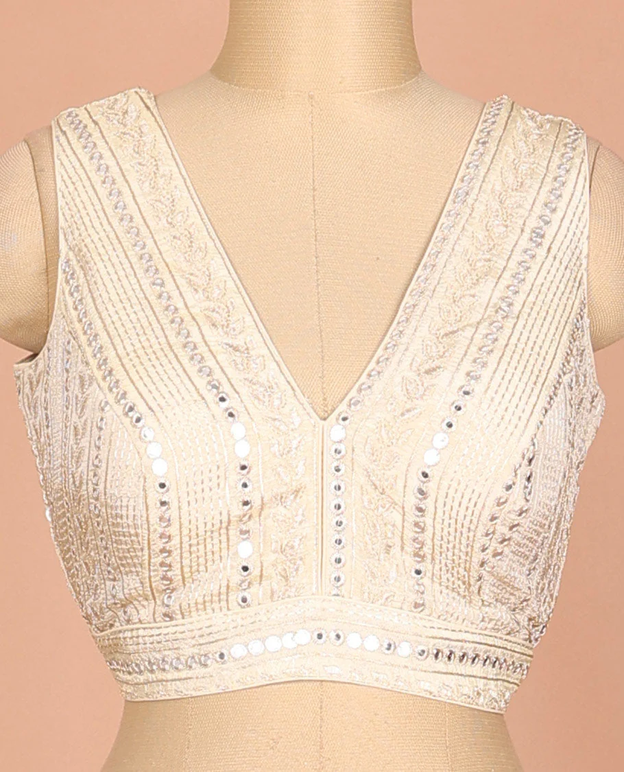 Light sandal floral & geometric motifs thread embroidered sleeveless readymade blouse with front and back deep-V neck - Image 3
