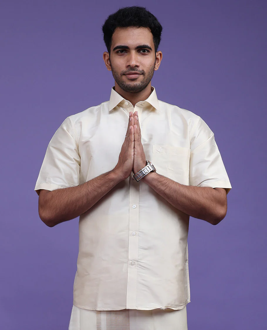 Light sandal plain design half-sleeve pure-silk shirt - Image 15