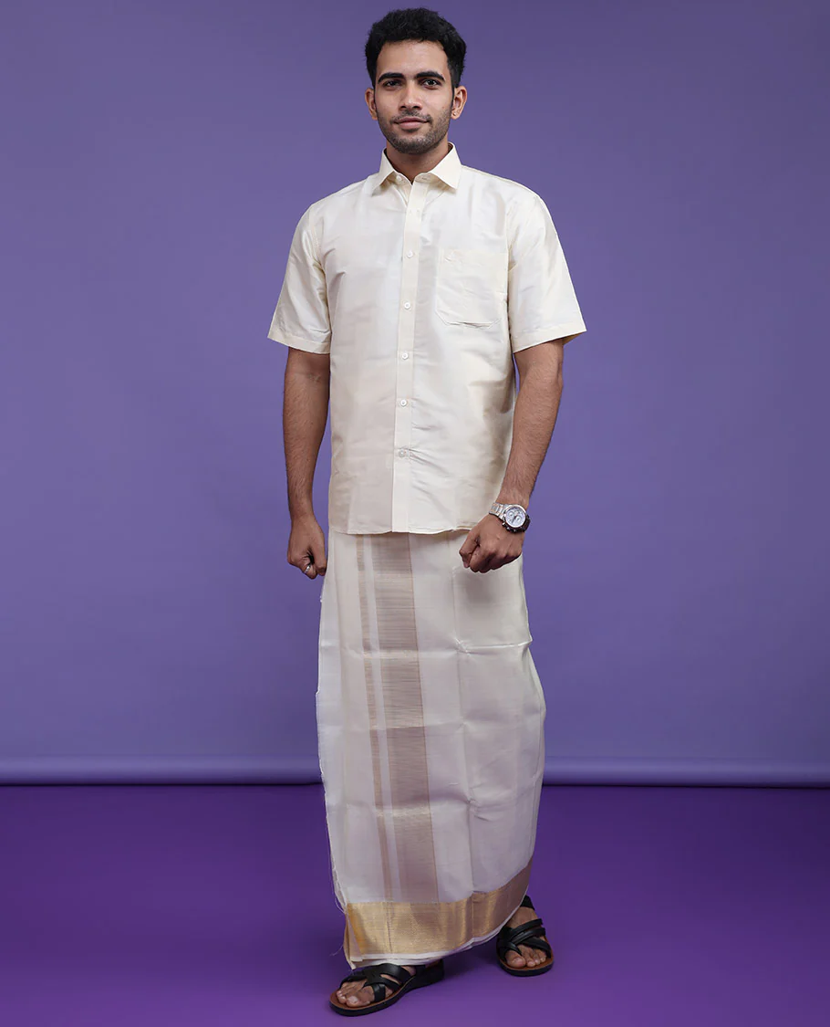 Light sandal plain design half-sleeve pure-silk shirt - Image 4