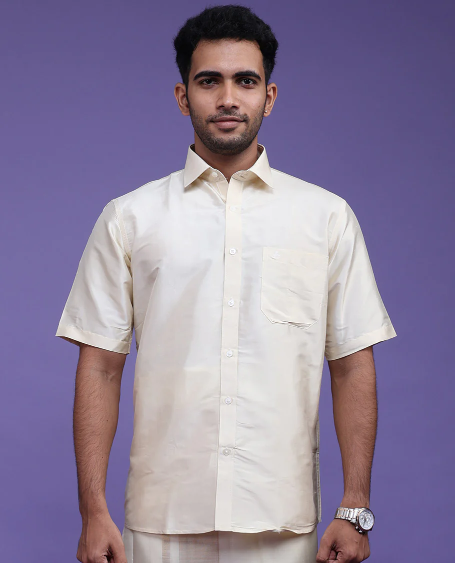 Light sandal plain design half-sleeve pure-silk shirt - Image 7