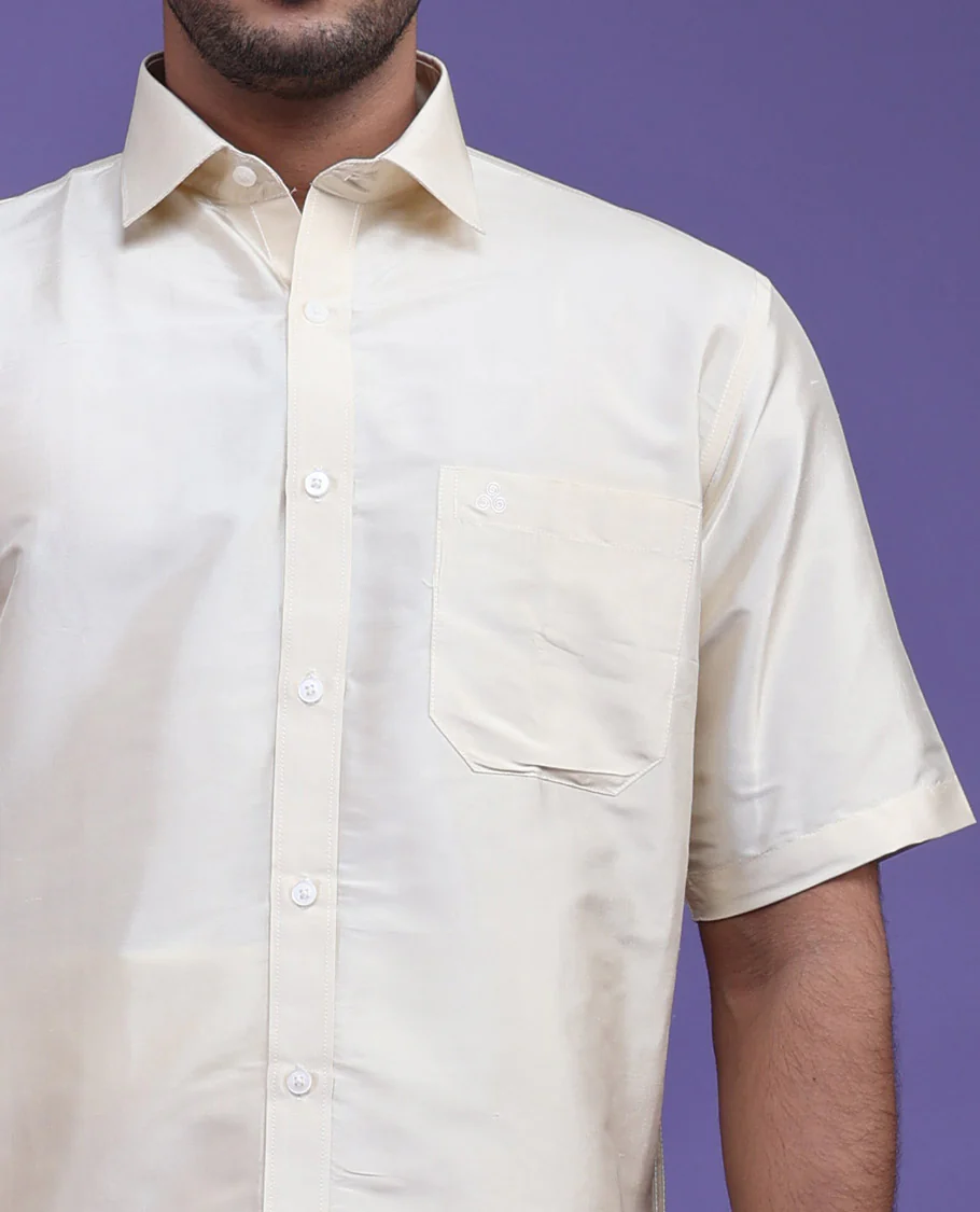 Light sandal plain design half-sleeve pure-silk shirt - Image 8