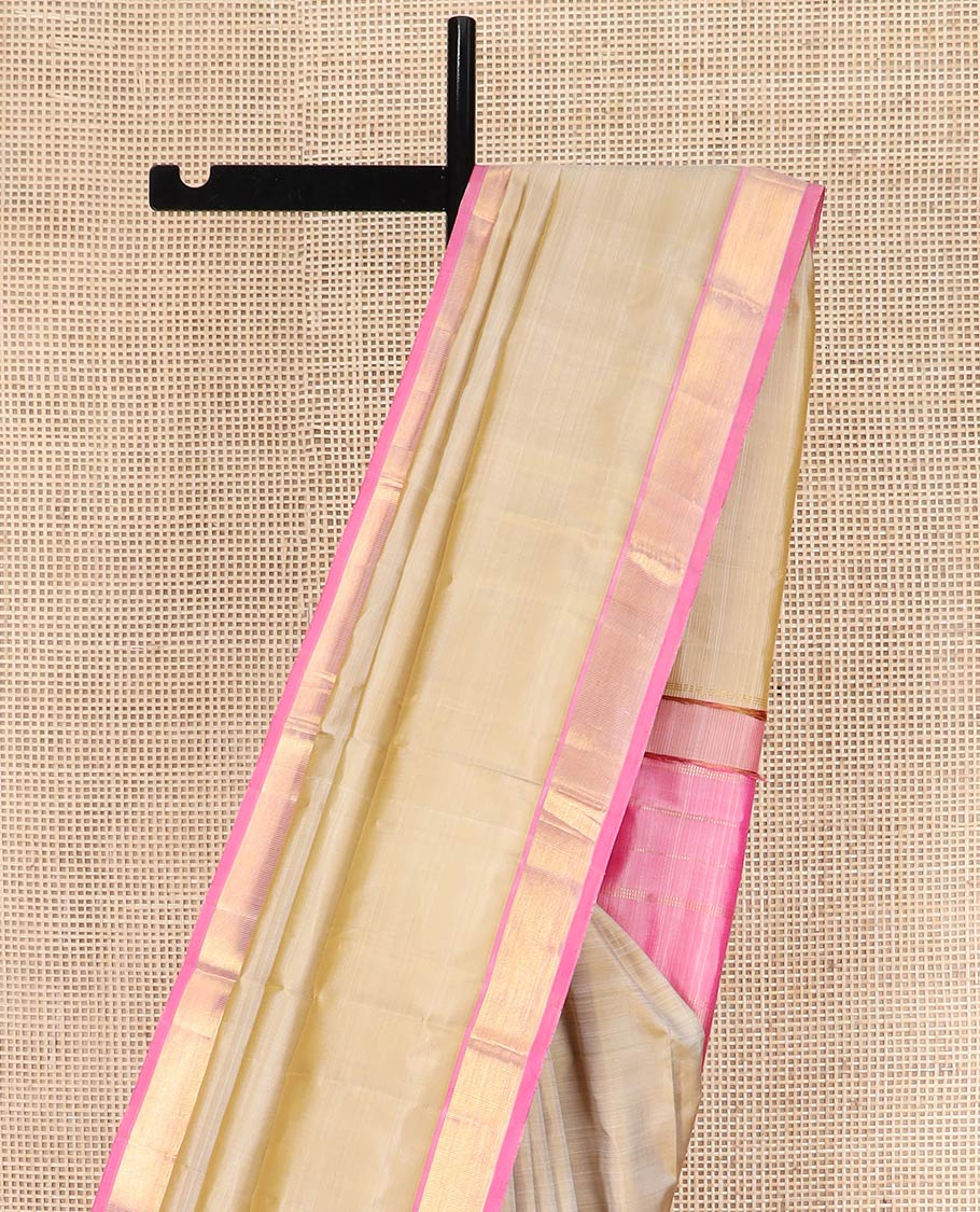 Light Sandal Plain Kanchipuram Silk Saree Subtly Sparkled with Contrast Zari Border, Pallu Features Zari Designs, and Paired with a Contrast Blouse - Image 2