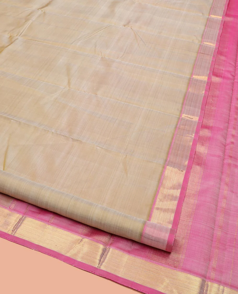 Light Sandal Plain Kanchipuram Silk Saree Subtly Sparkled with Contrast Zari Border, Pallu Features Zari Designs, and Paired with a Contrast Blouse - Image 3