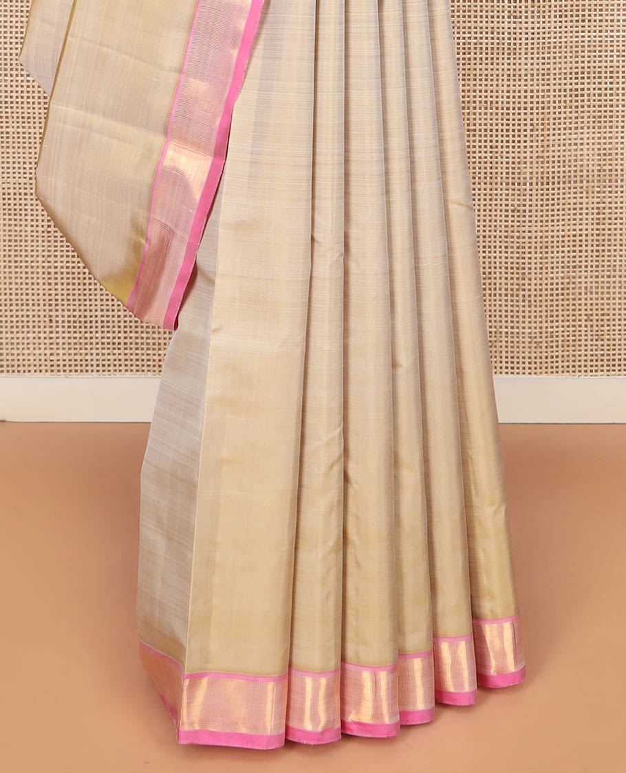 Light Sandal Plain Kanchipuram Silk Saree Subtly Sparkled with Contrast Zari Border, Pallu Features Zari Designs, and Paired with a Contrast Blouse - Image 4