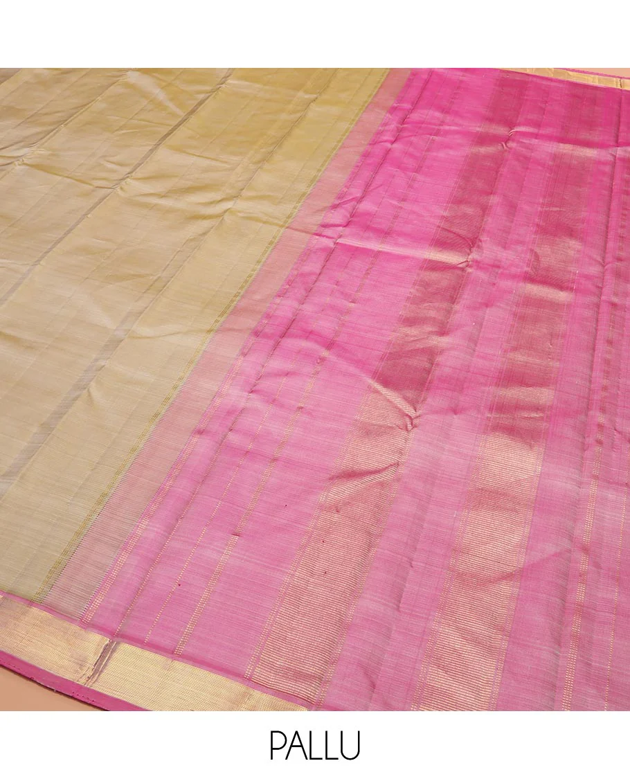 Light Sandal Plain Kanchipuram Silk Saree Subtly Sparkled with Contrast Zari Border, Pallu Features Zari Designs, and Paired with a Contrast Blouse - Image 5