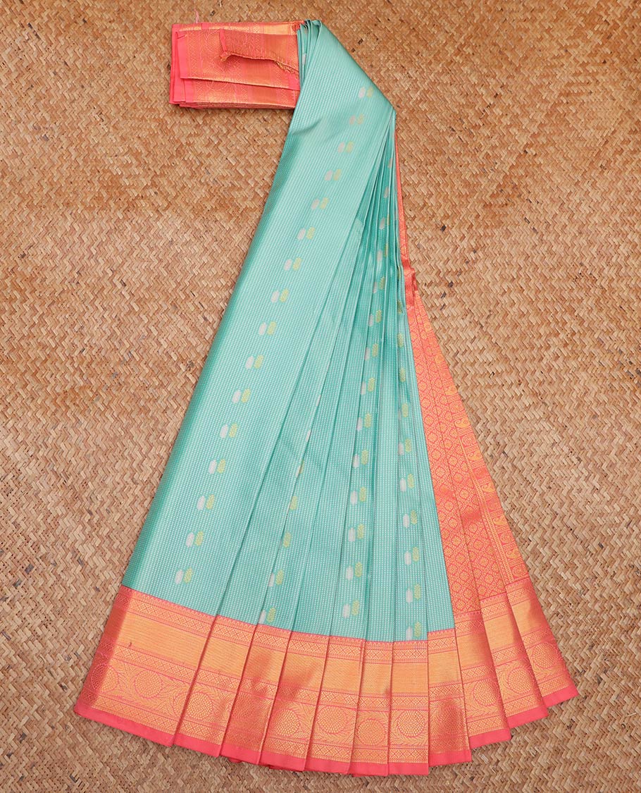 Light Turquoise Budget Silk Saree, Sparsely Woven with Zari Buttas All Over Its Body, Complemented by a Contrast Traditional Zari Border of Floral Creeper Designs, Grand Jaal Pallu, and Paired with a Contrast Blouse - Image 2