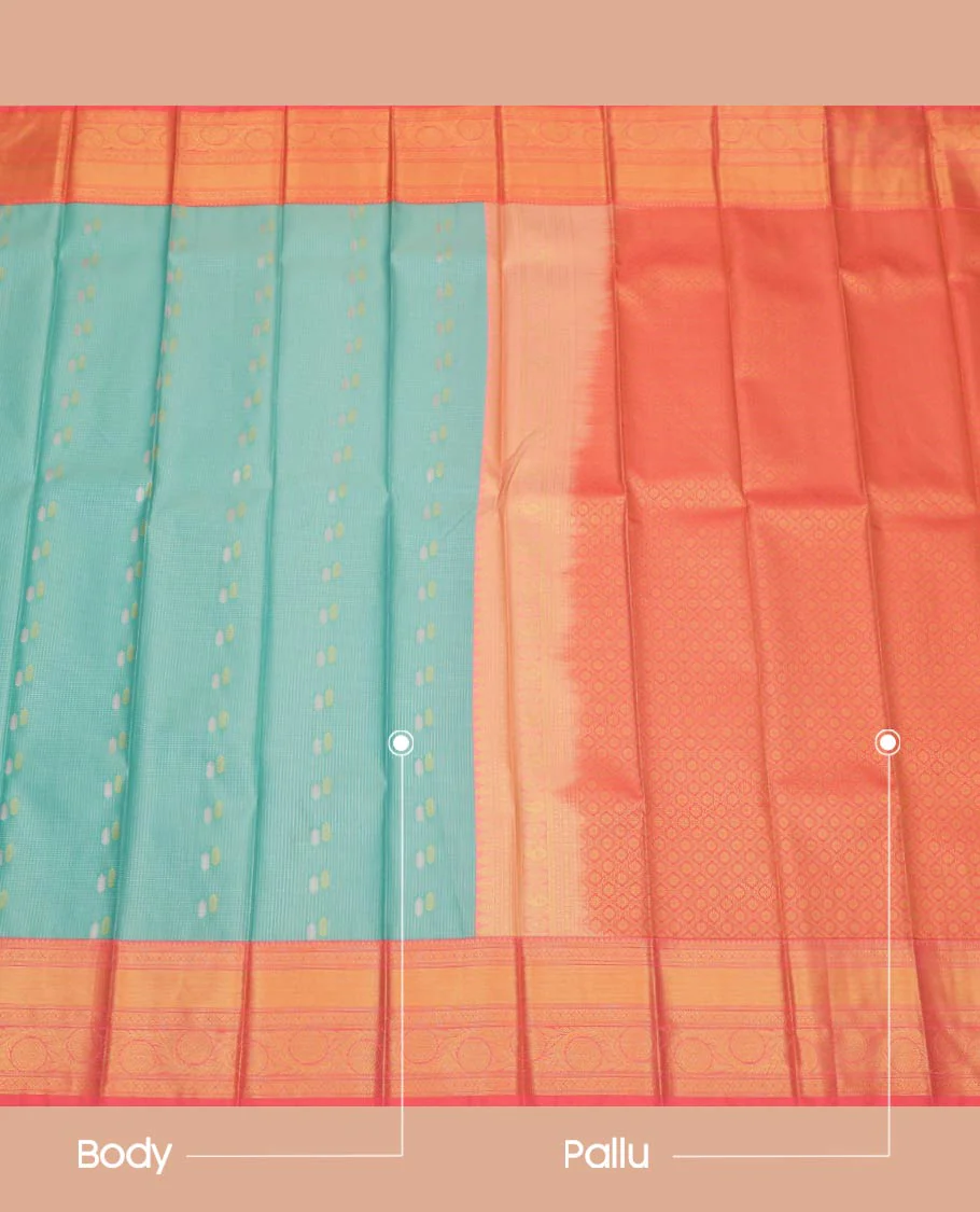 Light Turquoise Budget Silk Saree, Sparsely Woven with Zari Buttas All Over Its Body, Complemented by a Contrast Traditional Zari Border of Floral Creeper Designs, Grand Jaal Pallu, and Paired with a Contrast Blouse - Image 3