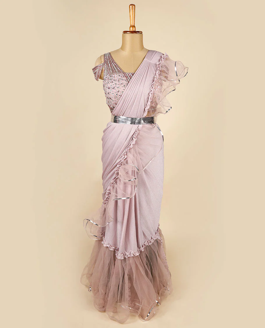 Lite Rosewood Pink Lycra with Net Readymade Designer Ruffle Saree,Kardhana embroidery thick strappy off-shoulder blouse - Image 2