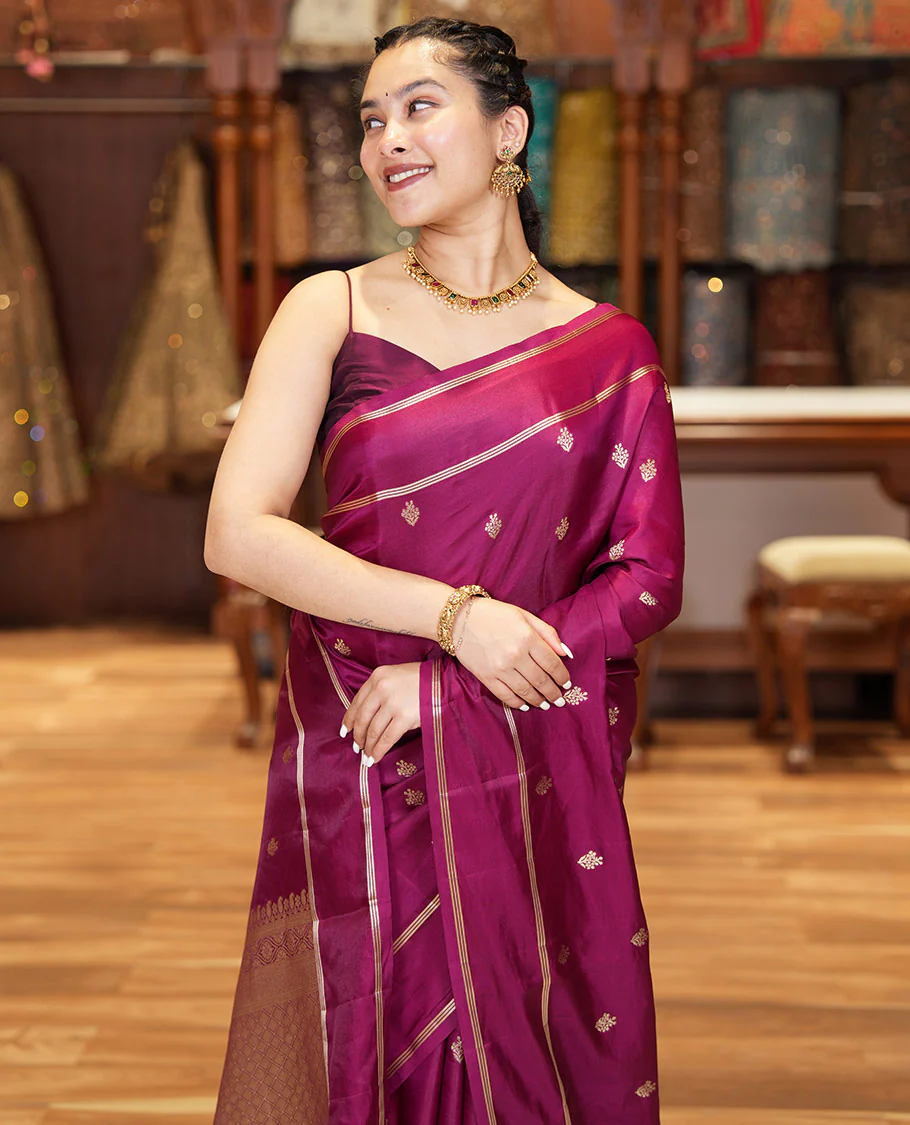 Magenta Pink Semi-Banaras Satin Silk Saree, Ornamented with Zari Buttas All Over Its Body, Highlighted by Zari Striped Border, Grand Jaal Pallu, and Paired with a Matching Blouse - Image 2