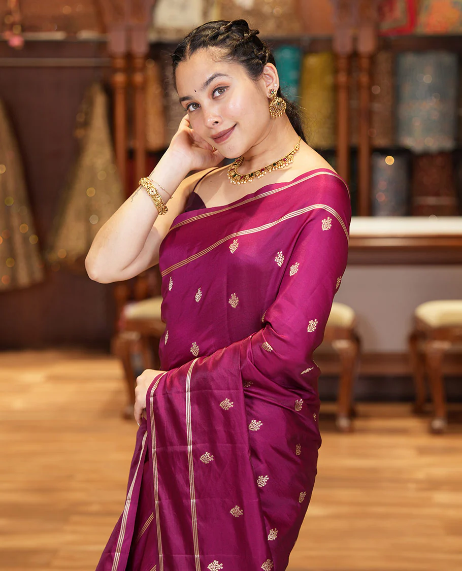 Magenta Pink Semi-Banaras Satin Silk Saree, Ornamented with Zari Buttas All Over Its Body, Highlighted by Zari Striped Border, Grand Jaal Pallu, and Paired with a Matching Blouse - Image 3