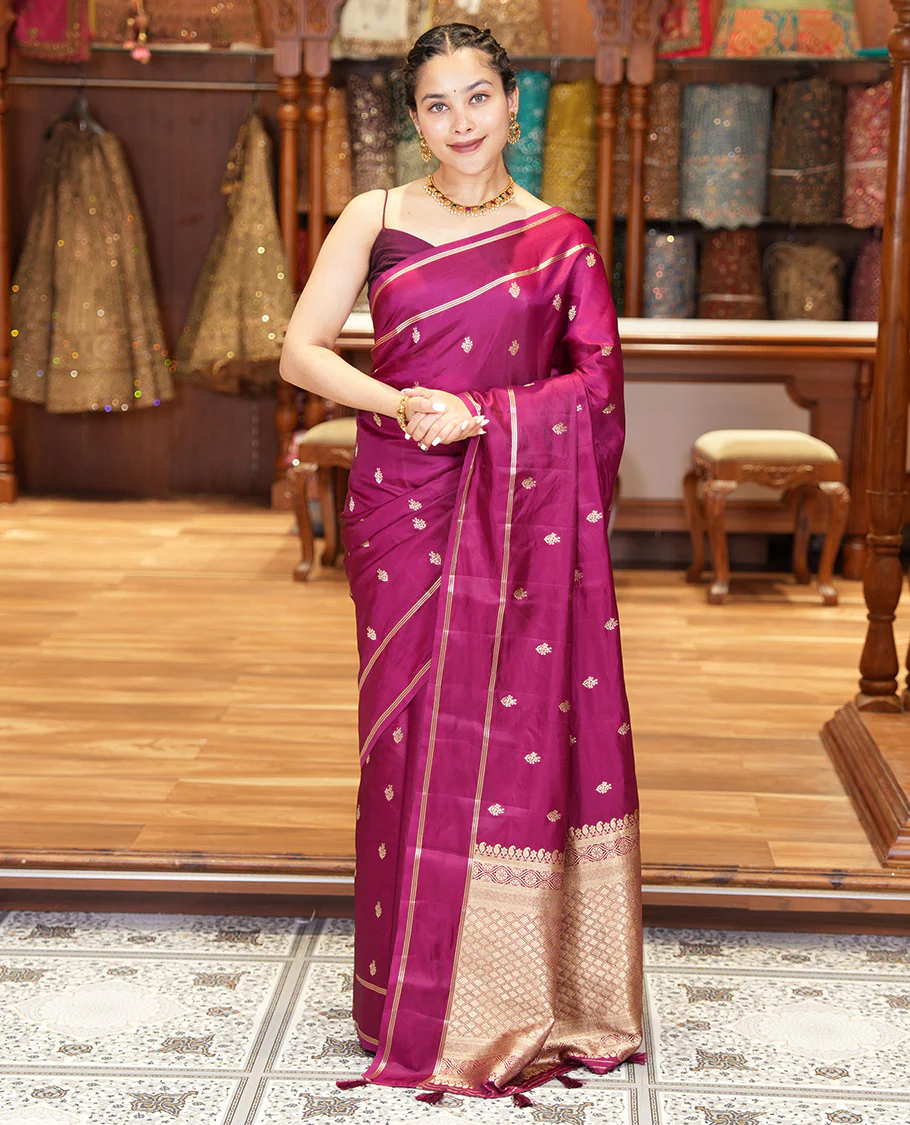 Magenta Pink Semi-Banaras Satin Silk Saree, Ornamented with Zari Buttas All Over Its Body, Highlighted by Zari Striped Border, Grand Jaal Pallu, and Paired with a Matching Blouse - Image 4