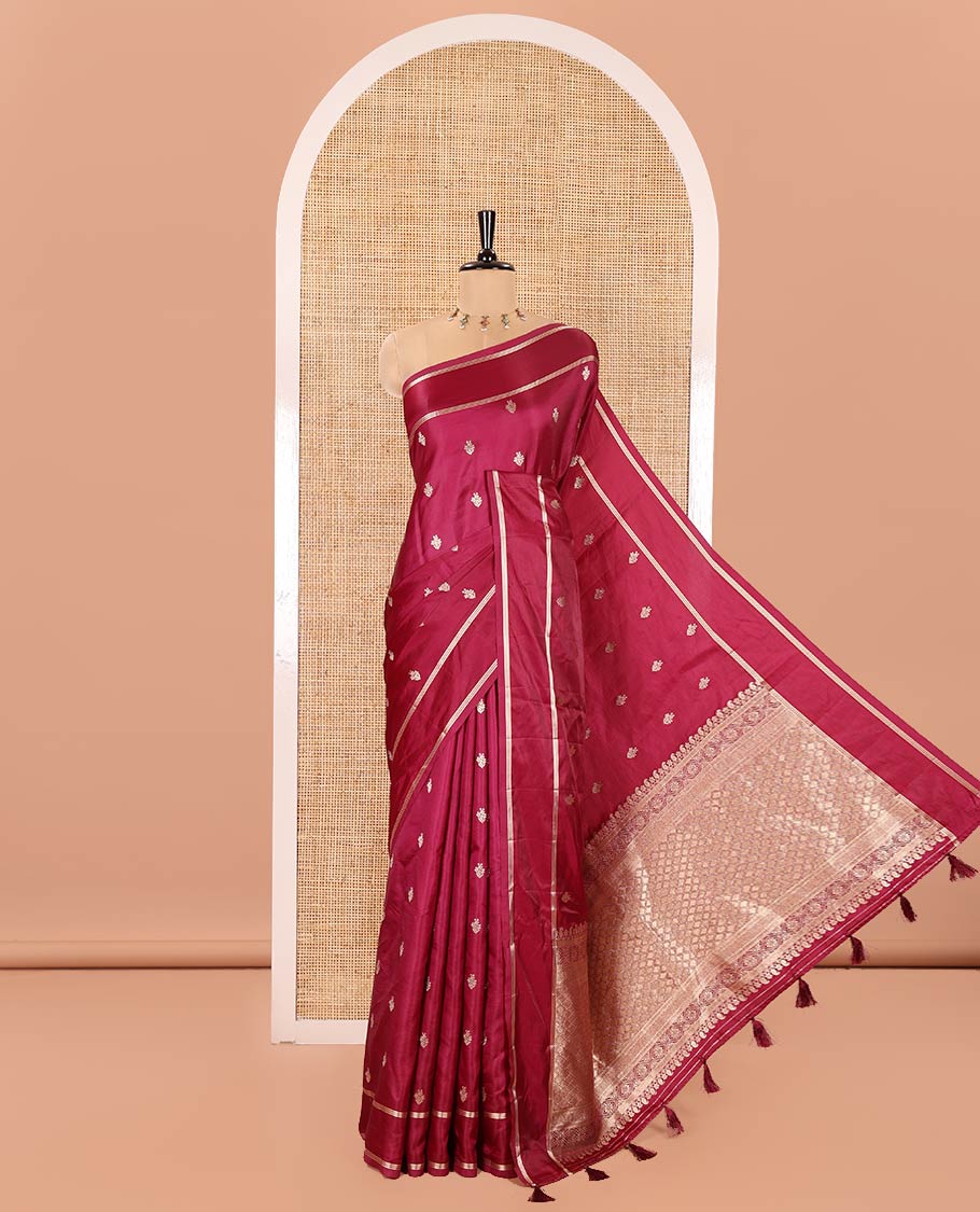 Magenta Pink Semi-Banaras Satin Silk Saree, Ornamented with Zari Buttas All Over Its Body, Highlighted by Zari Striped Border, Grand Jaal Pallu, and Paired with a Matching Blouse - Image 5