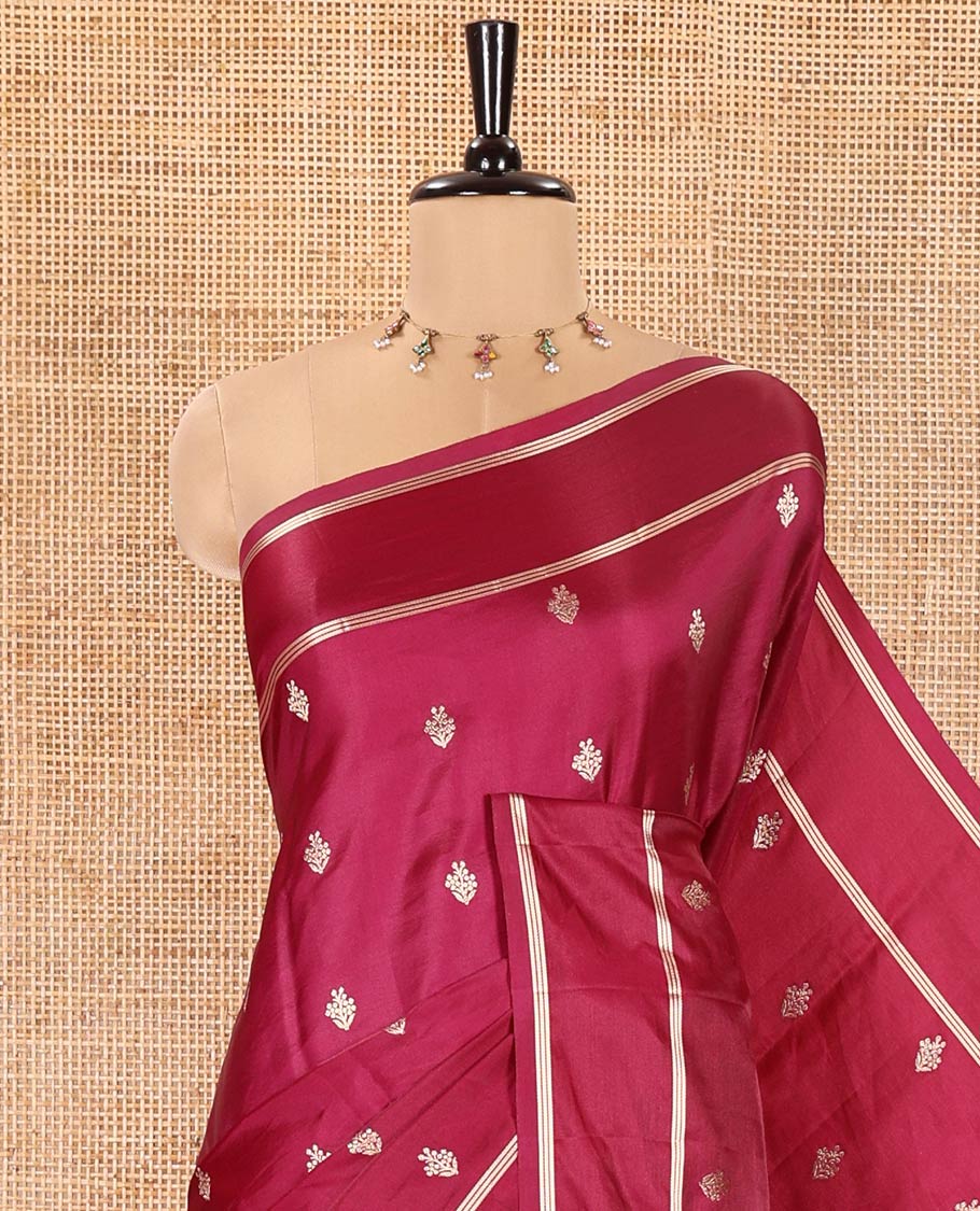 Magenta Pink Semi-Banaras Satin Silk Saree, Ornamented with Zari Buttas All Over Its Body, Highlighted by Zari Striped Border, Grand Jaal Pallu, and Paired with a Matching Blouse - Image 6