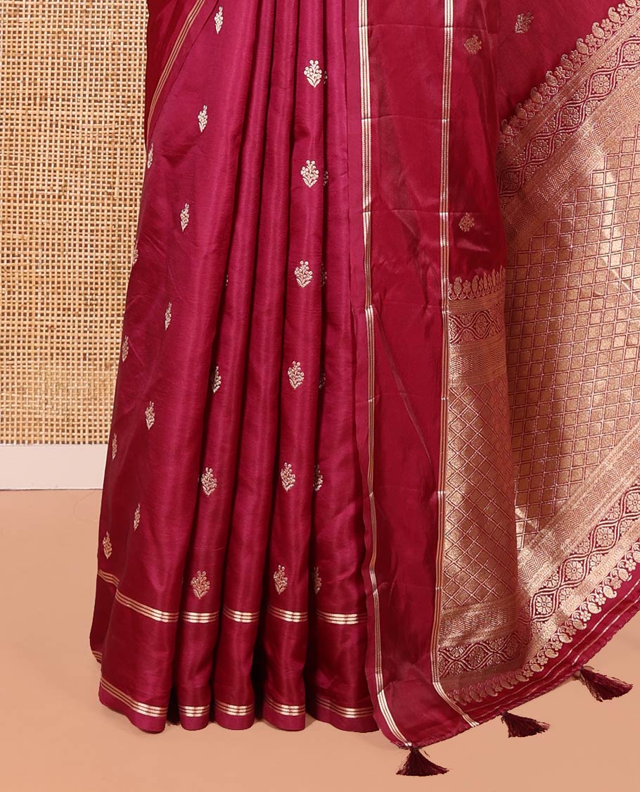 Magenta Pink Semi-Banaras Satin Silk Saree, Ornamented with Zari Buttas All Over Its Body, Highlighted by Zari Striped Border, Grand Jaal Pallu, and Paired with a Matching Blouse - Image 7