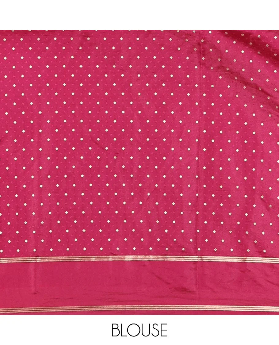 Magenta Pink Semi-Banaras Satin Silk Saree, Ornamented with Zari Buttas All Over Its Body, Highlighted by Zari Striped Border, Grand Jaal Pallu, and Paired with a Matching Blouse - Image 8