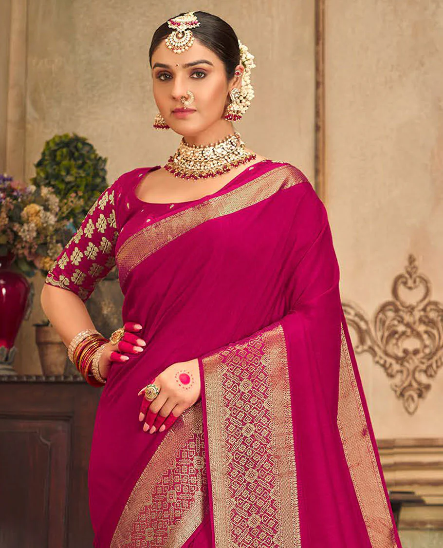 Magenta plain designer saree, patola-style motifs woven border, and zari striped pallu - Image 2