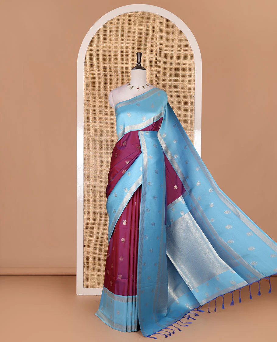 Magenta zari buttas soft silk saree, contrast zari design border, intricate jaal pallu, and contrast zari design blouse
