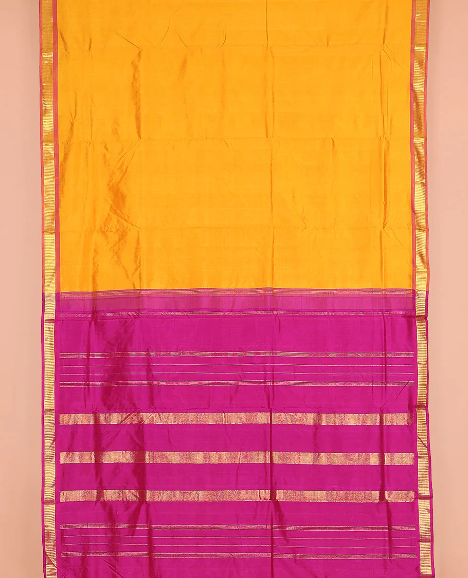 Mango yellow plain nine-yard silk saree, contrast border of Muthu designs, and pallu of zari designs - Image 2