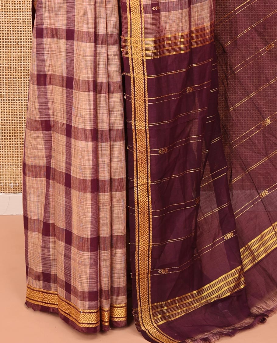 Maroon Andhra Cotton Saree, Delicately Woven with Big Checked Design All Over Its Body, Subtly Sparked with a Traditional Border, Pallu of Stripes, and Paired with a Matching Blouse - Image 3