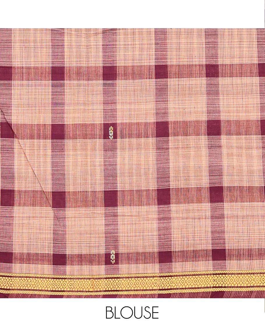 Maroon Andhra Cotton Saree, Delicately Woven with Big Checked Design All Over Its Body, Subtly Sparked with a Traditional Border, Pallu of Stripes, and Paired with a Matching Blouse - Image 4