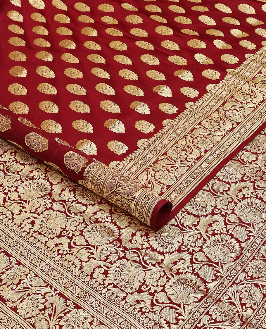 Maroon banarasi silk saree with zari buttas, self-border of floral creeper designs & pallu steeped with floral designs - Image 2