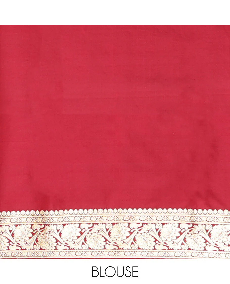 Maroon banarasi silk saree with zari buttas, self-border of floral creeper designs & pallu steeped with floral designs - Image 6