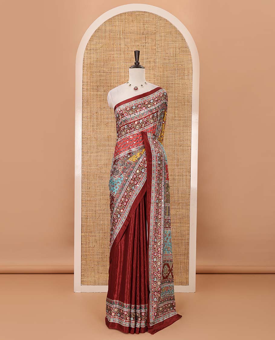 Maroon-base kaleidoscope-coloured intricately printed & real mirror embroidery masakali saree, self-border, self-pallu & matching blouse - Image 2