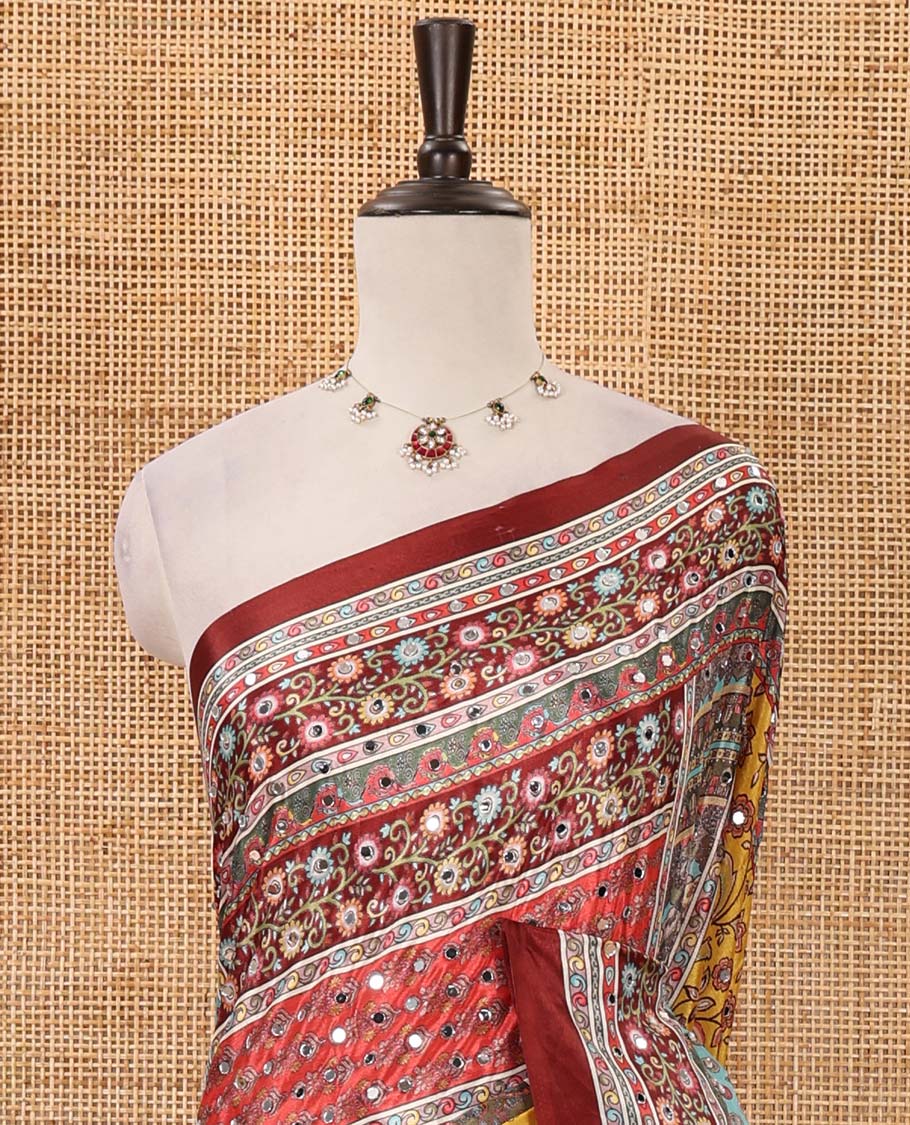 Maroon-base kaleidoscope-coloured intricately printed & real mirror embroidery masakali saree, self-border, self-pallu & matching blouse - Image 3