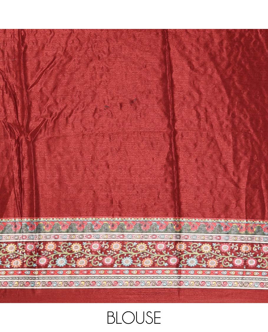 Maroon-base kaleidoscope-coloured intricately printed & real mirror embroidery masakali saree, self-border, self-pallu & matching blouse - Image 4